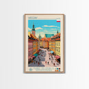 Warsaw Poland Travel Poster Framed Canvas Print, Midcentury Modern Art, Pop Art Wall Decor, Living Room Art, Scenic Wall Art
