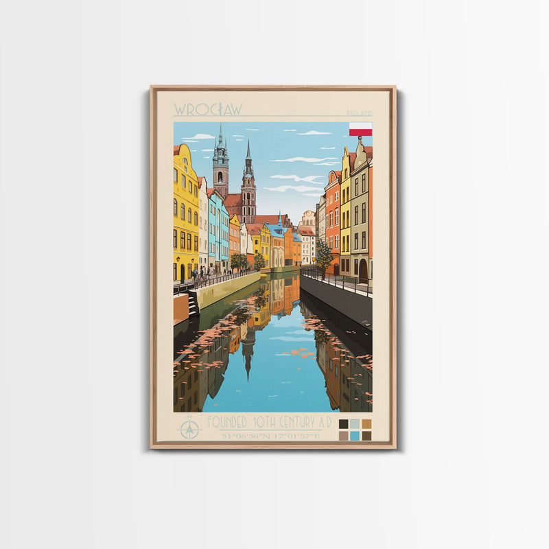 WrocÅ‚aw Poland Travel Poster Framed Canvas Print, Midcentury Modern Art, Pop Art Wall Decor, Living Room Art, Scenic Wall Art