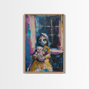 Halloween Creepy Girl with Doll, Framed Canvas Print, Wall Art, Living Room Decor, Spooky, Girl Art, Original Painting, Home Decor