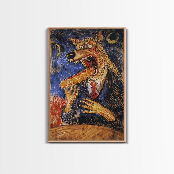 Business Werewolf Eating a Hot Dog, Framed Canvas print, Funny Halloween Art, Spooky Season, The Scream Inspired Funny Art