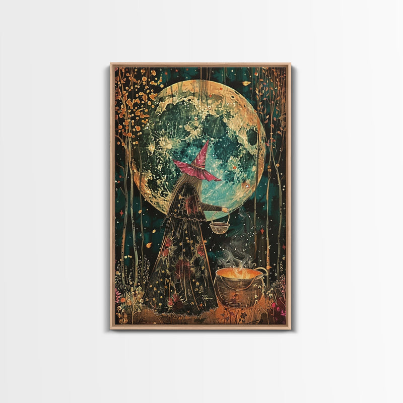 Witch Preparing Spell Under Full Moon Framed Canvas Print | Halloween Witch Art | Enchanted Witch Decor for Home | Halloween Artwork