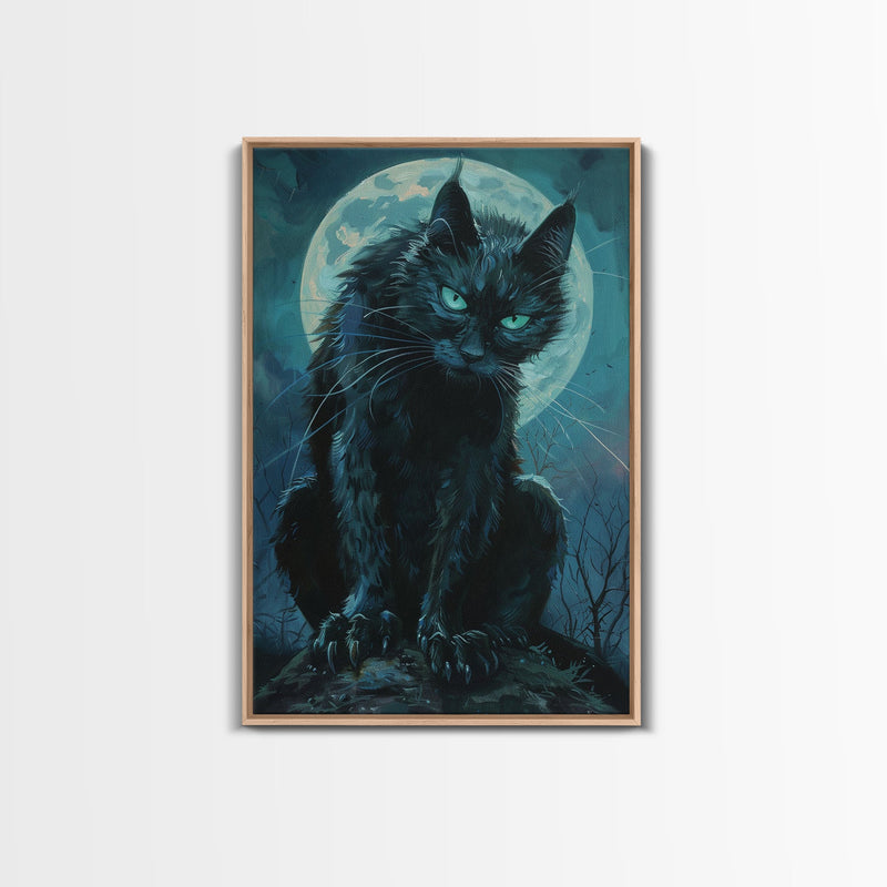 Black Cat with Piercing Eyes Against Full Moon | Halloween Wall Art | Spooky Home Decor | Creepy Black Cat Painting | Framed Canvas Print