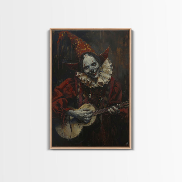 Creepy Clown Playing Guitar, Framed Canvas Print, Spooky Circus Art, Halloween Wall Decor, Horror Clown Illustration, Creepy Home Decor