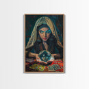 Enchanting Fortune Teller with Crystal Ball Under Moonlight - Mystical Witchcraft Framed Canvas Print, Halloween Gothic Home Decor