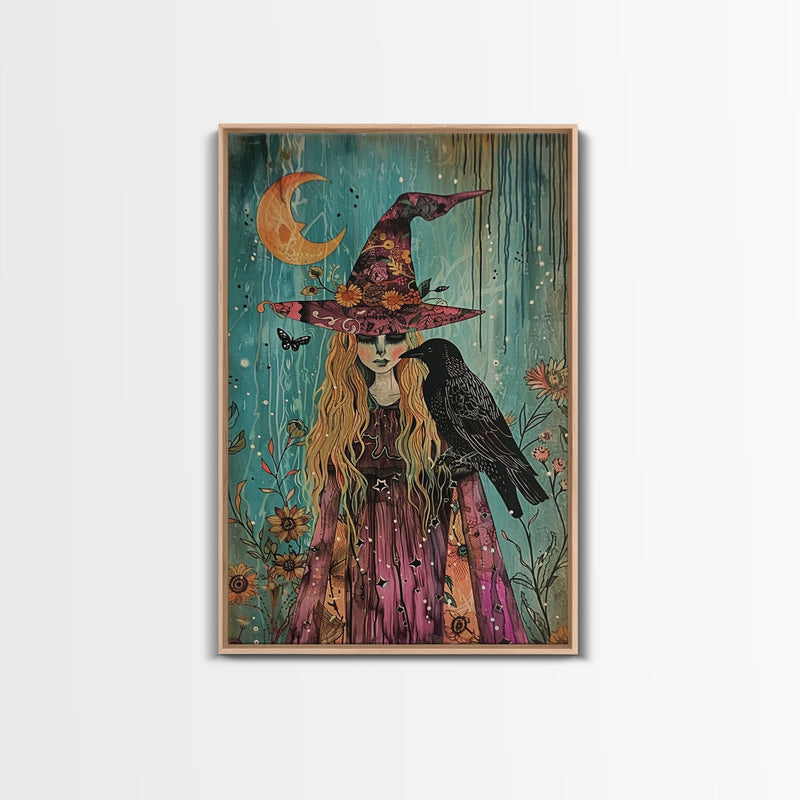 Witch with Owl in Magical Forest - Halloween Art, Gothic Art, Spooky Decor, Dark Magic Art, Enchanted Woods, Framed Canvas Print