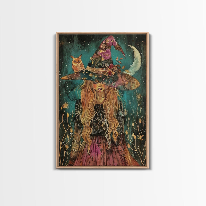 Witch with Black Cat and Moon - Halloween Art, Gothic Art, Spooky Decor, Dark Magic Art, Ominous Portrait, Moonlit Night Framed Canvas Print