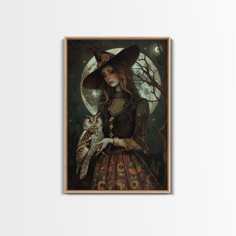 Witch Holding Owl Canvas Print - Halloween Art, Spooky Home Decor, Wall Art, Witch Painting, Halloween Decor, Framed Canvas Print