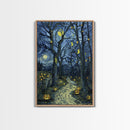 Dark Steamy Train at Night Framed Canvas Print, Halloween Wall Art, Spooky Train Station Decor, Haunted Transportation Artwork, Ghostly Art