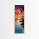 Coastal Sunset Palm Trees Midcentury Modern Art - Framed Canvas Print, Boho Art, Skinny Art, Living Room Art, Bedroom Decor, Tropical Landscape