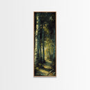 Serene Birch Tree Pathway in Tall Skinny Art Framed Canvas Print Perfect for Tranquil Wall Decor in Bedrooms or Study Rooms