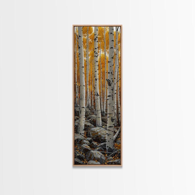 Birch Tree Forest, Framed Canvas Print, Skinny / Tall Wall Art, Living Room Decor, Landscape Painting, Nature Decor