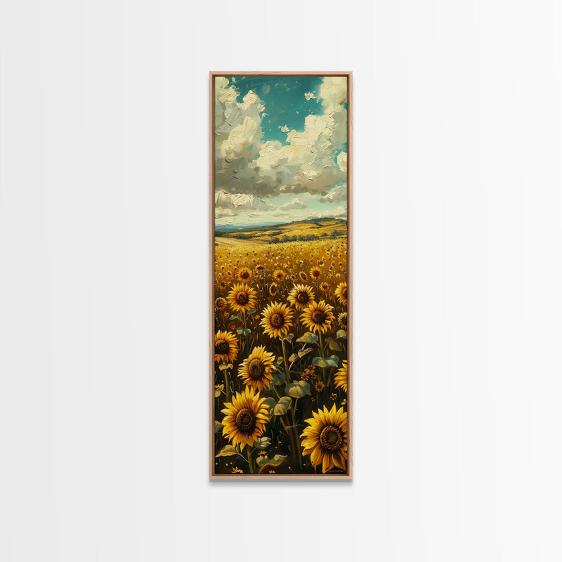 Bright Sunflowers Field Warm Countryside Farmhouse Wall Art Framed Canvas Print Tall Art Ukiyo-e Japanese Style Art