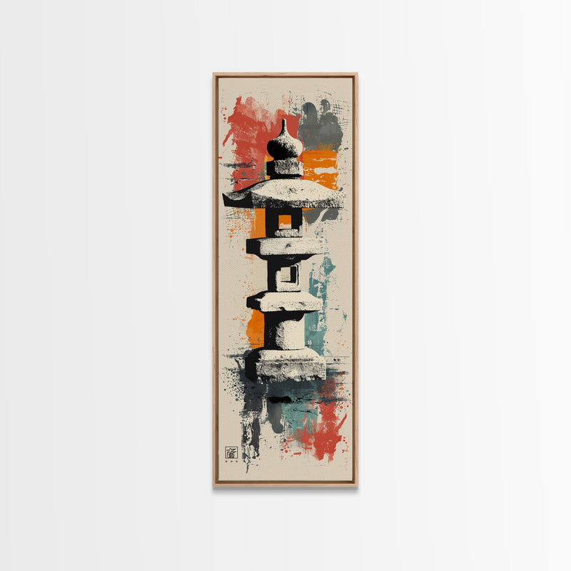 Zen Stone Lantern Skinny Art Tall Art Japanese Ukiyo-e Inspired Framed Canvas Wall Art