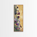 Deep Purple Pansy Flowers Against Textured Gold Background on Tall Vertical Canvas Print for Rich Floral Wall Decor
