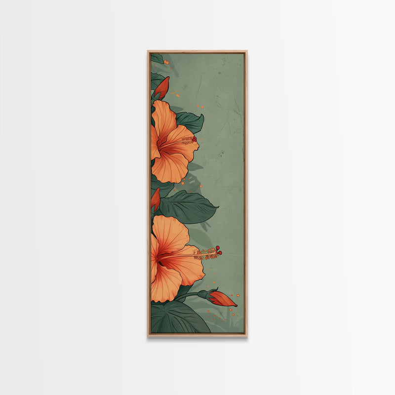 Bright Hibiscus Flowers Ukiyo-e Inspired Art, Framed Canvas Print Ideal for Tall Skinny Spaces, Japanese Floral Design