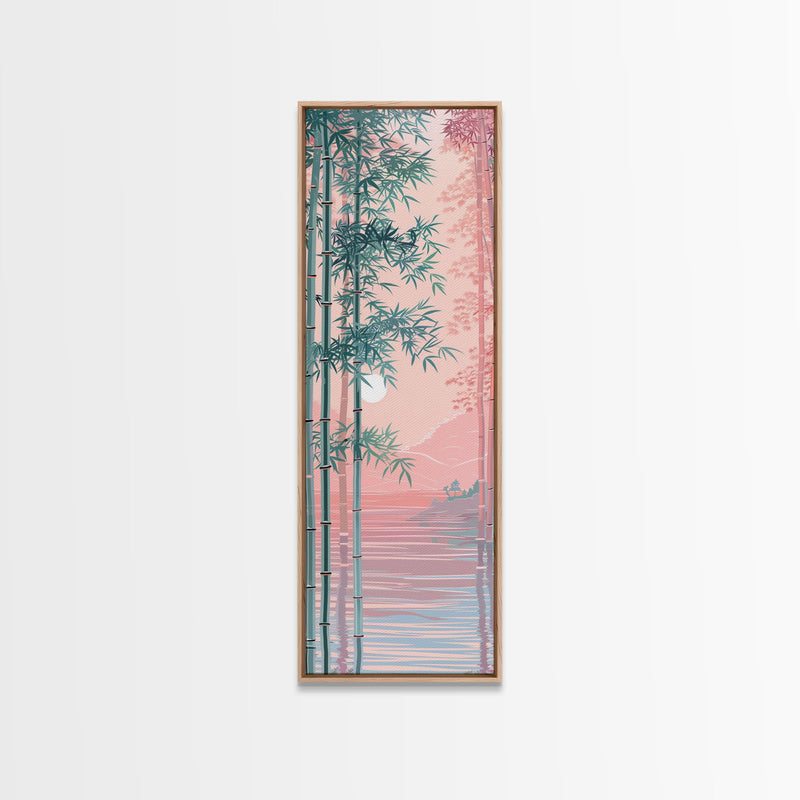 Bamboo Forest, Soft Pink Light, Japanese Art, Skinny Art, Tall Art, Framed Canvas Print, Ukiyo-e Style