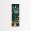 Framed Canvas Print Of A Nighttime Japanese Festival Scene With Lanterns And Pine Trees, Traditional Wall Art Ready To Hang