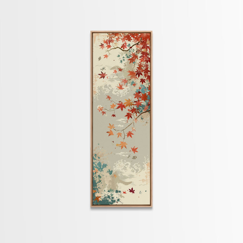 Autumn Maple Leaves in Japanese Garden Ukiyo-e Style Art Skinny Framed Canvas Print with Subtle Color Palette