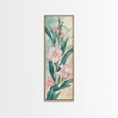 Skinny Art Pink Oleander Flowers In Japanese Style Wood Block Print Elegant Pastel Hues On Framed Canvas Print, Tall Art Ukiyo-e