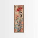Bird Perched On Bright Red Lily Flower Skinny Art Tall Art Framed Canvas Print Japanese Style Art Ukiyo-e Art Wood Block Print Floral Detailed