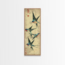 Trio Of Swallows In Flight Against A Vintage Beige Background, Skinny Art Tall Wall Art Framed Canvas Print Japanese Style Art