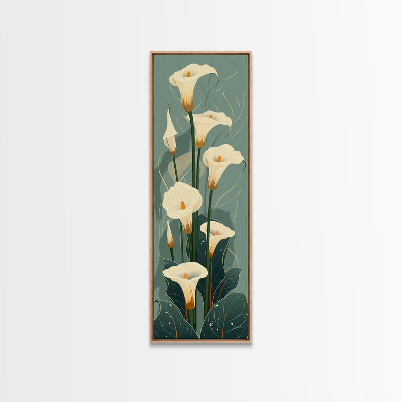 White Calla Lilies on Green Background, Tall Framed Canvas Print in Japanese Ukiyo-e Style Wall Art