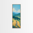 Scenic Countryside Pathway with Fields and Mountains, Skinny Framed Canvas Print for Wall Decor