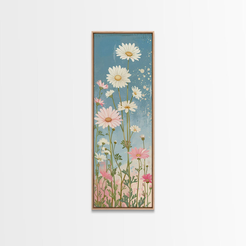 White Daisies Blossoms Japanese Tall Wall Art Blue Background Skinny Framed Canvas Print Ukiyo-e Style