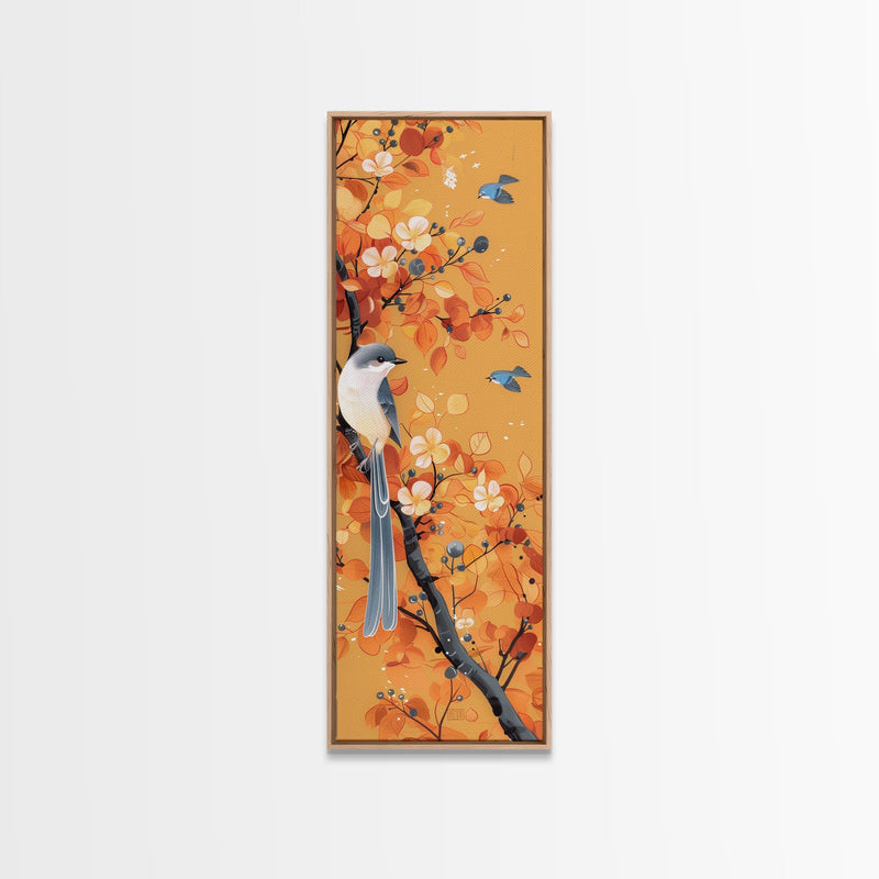 Birds Among Autumn Leaves Japanese Style Tall Wall Art Skinny Framed Canvas Print Woodblock Print