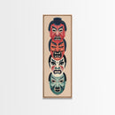 Bold Striking Japanese Kabuki Masks Vibrant Colors Depicted Traditional Style Tall Framed Canvas Print Cultural Home Decor