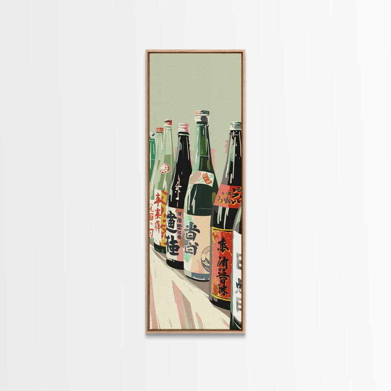 Array Of Japanese Sake Bottles With Minimalistic Labels Arranged Simple Composition Captured Tall Framed Canvas Print Bar Decor