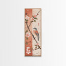Japanese Bird Art Skinny Wall Art Framed Canvas Print Perched Bird on Branch with Cherry Blossoms and Petals in Soft Pastel Colors