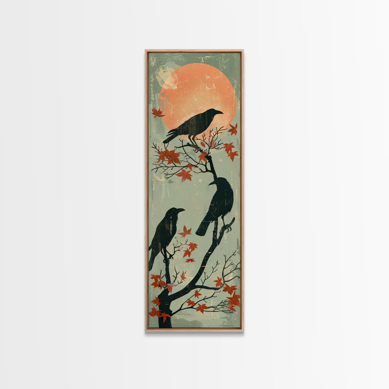 Black Crows Japanese Art Skinny Wall Art Framed Canvas Print on Branches with Red Maple Leaves Against Warm Orange Sun