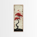 Red Maple Bonsai Tree Japanese Art Skinny Wall Art Framed Canvas Print with Windswept Branches and Red Leaves
