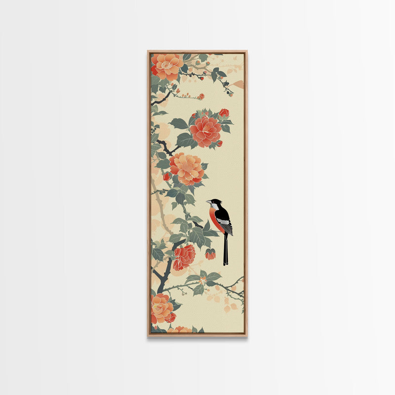 Bird Among Camellia Flowers On Light Background Skinny Art Ukiyo-e Wood Block Print Framed Canvas Print