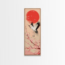 Elegant Crane Bird In Mid-flight Against Bold Red Sun Ukiyo-e Tall Skinny Wood Block Framed Canvas Print Japanese Style Art