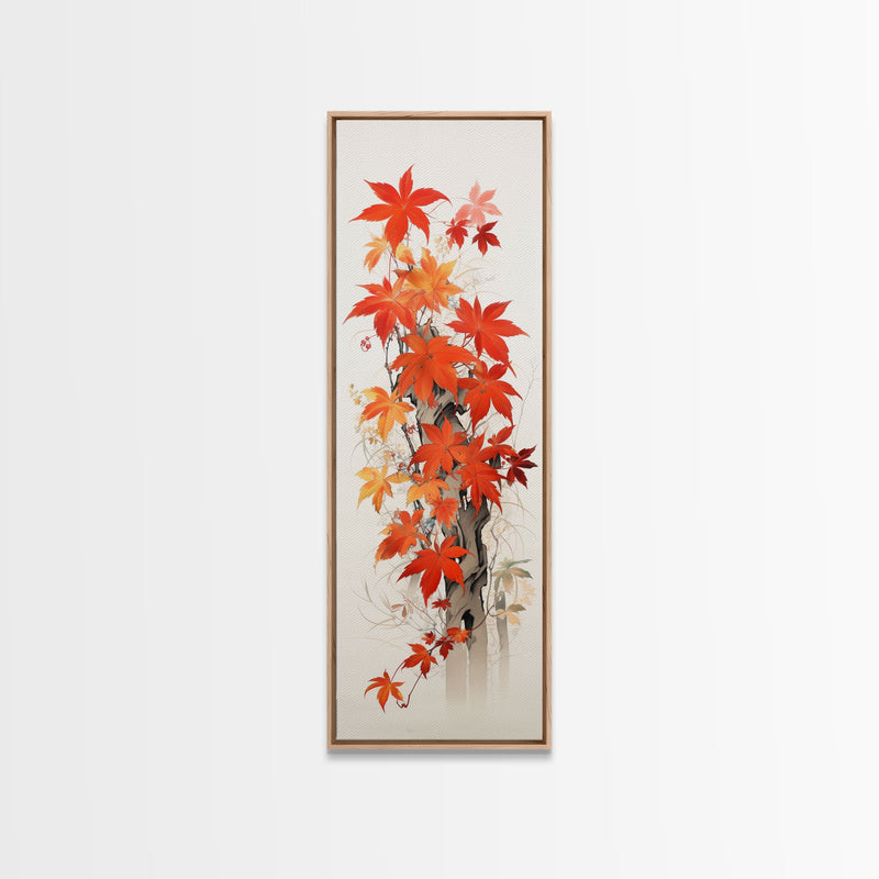 Brilliant Red Leaves On A Twisted Tree, Framed Canvas Print In Skinny Tall Style, Ideal For Feng Shui Wall Art In Japanese Style Art