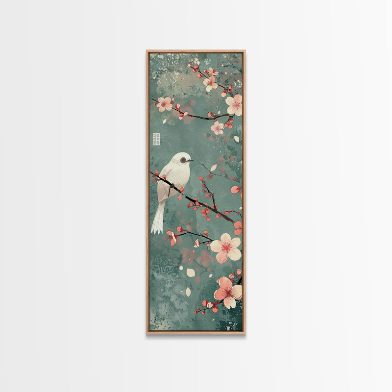 White Bird Perched On A Branch With Blossoms â€“ Framed Canvas Print Combining Skinny Art And Tall Art Inspired By Ukiyo-E Art And Japanese Style Art