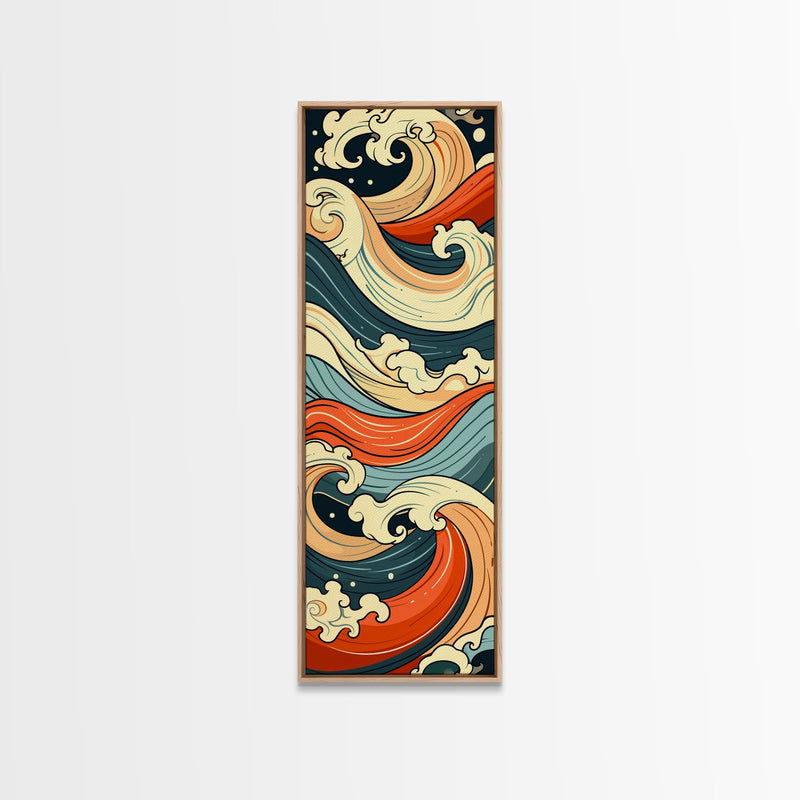 Abstract Wave Pattern With Vibrant Colors - Skinny Art Tall Art Framed Canvas Print Japanese Style Art Ukiyo-e Art