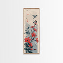 Hummingbird and Red Flowers Skinny Art Tall Art Japanese Ukiyo-e Inspired Nature Framed Canvas Print for Vibrant Interiors