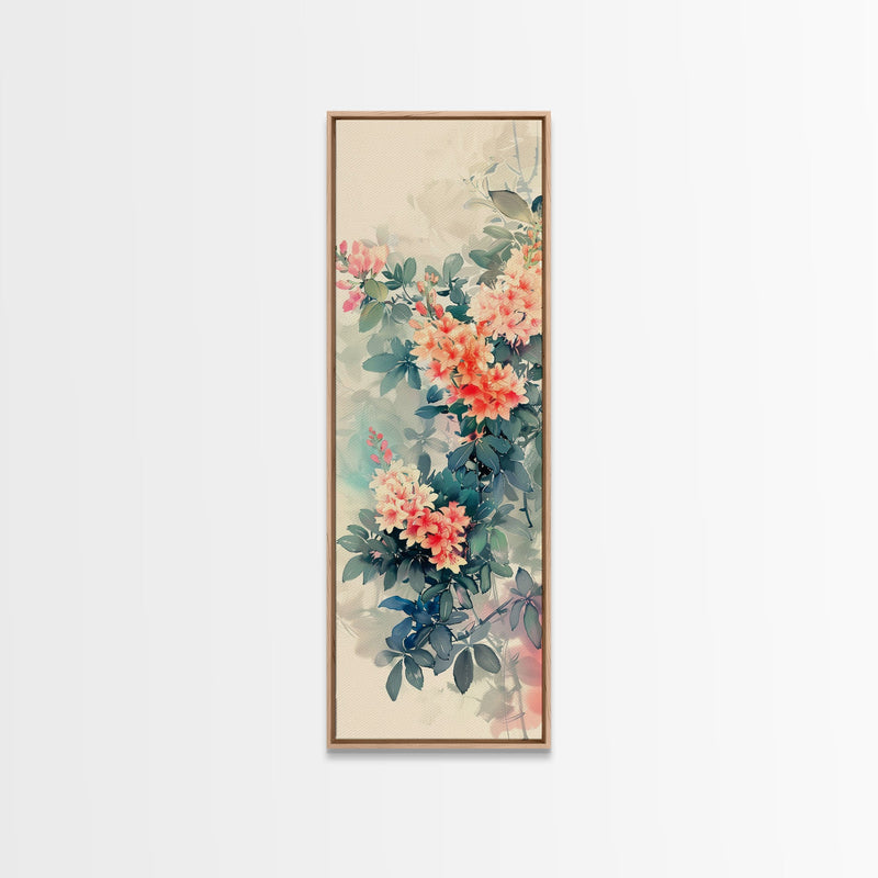 Azalea Blossoms Skinny Art Tall Art Japanese Ukiyo-e Inspired Floral Framed Canvas Print for Elegant and Timeless Decor