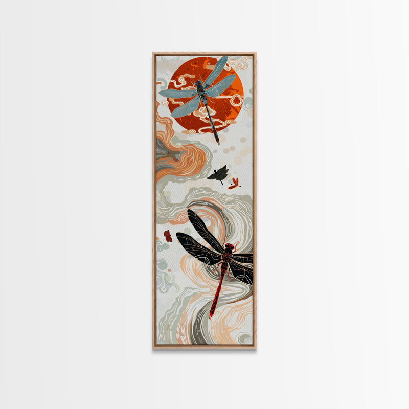 Vivid Dragonflies against Bold Red Sun with Flowing Clouds - Skinny Art, Japanese Wall Decor, Framed Canvas Print, Ukiyo-e Style