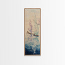 Sailboats On Calm Sea Canvas In Japanese Ukiyo-e Style, Traditional Woodblock Print, Framed Canvas Print, Tall Skinny Japanese Wall Art, Ready To Hang