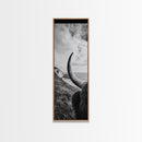 Highland Bull, Coastal Landscape, Framed Canvas Print, rustic decor, mountain painting, farmhouse art, moody art, wabi sabi wall art