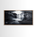 Powerful Waterfall Mist, nature wall art, moody art, mountain painting, black and white photography, dramatic landscape, framed canvas print