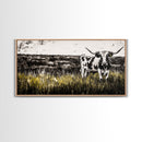 Longhorn Cattle, rustic wall art, farmhouse art, black cowgirl painting, extra wide art, framed canvas print, panoramic painting