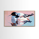 Waterfowl Reflection, bird art, lake Tahoe art, coastal painting, wildlife decor, pink orange wall art, framed canvas print