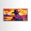 Cowboy, western silhouette, sunset art, ranch aesthetic, moody wall art, bold colors, extra wide art, rustic decor, framed canvas print