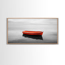 Lone Red Boat, coastal wall art, seascape painting, nautical decor, minimalist art, black and white photography, above couch art, Framed Canvas Print