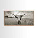 Longhorn, beach, western decor, rustic art, farmhouse art, extra wide art, above sofa art, panoramic painting, framed canvas print